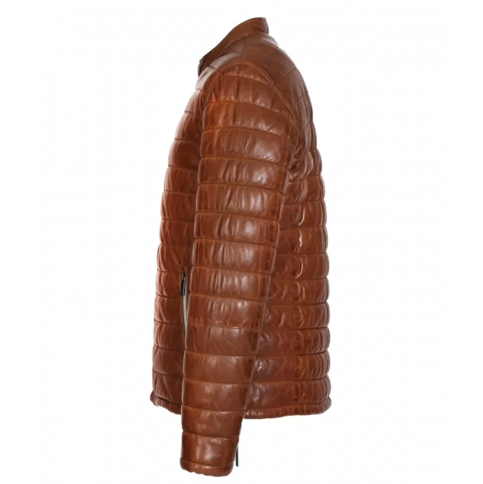 Men OAKWOOD Jackets*Julien Cognac - Genuine Leather Down Jacket With Press Buttoned Mandarin Collar