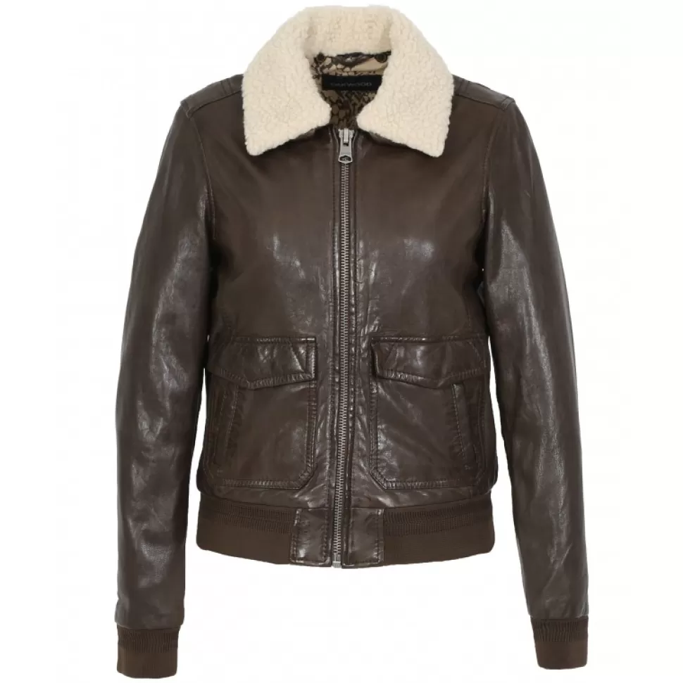 Women OAKWOOD Biker Jackets*Karma Brown - Genuine Washed Leather Jacket With Removable Fake Fur Collar
