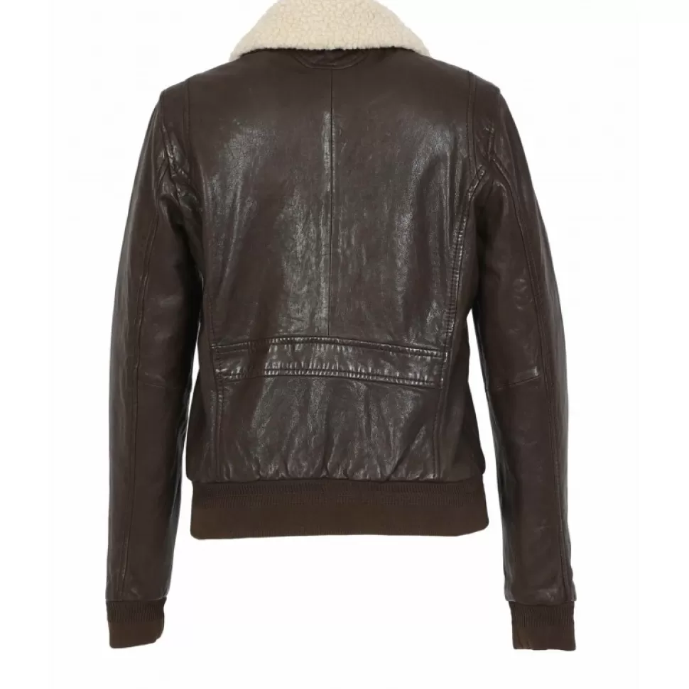 Women OAKWOOD Biker Jackets*Karma Brown - Genuine Washed Leather Jacket With Removable Fake Fur Collar