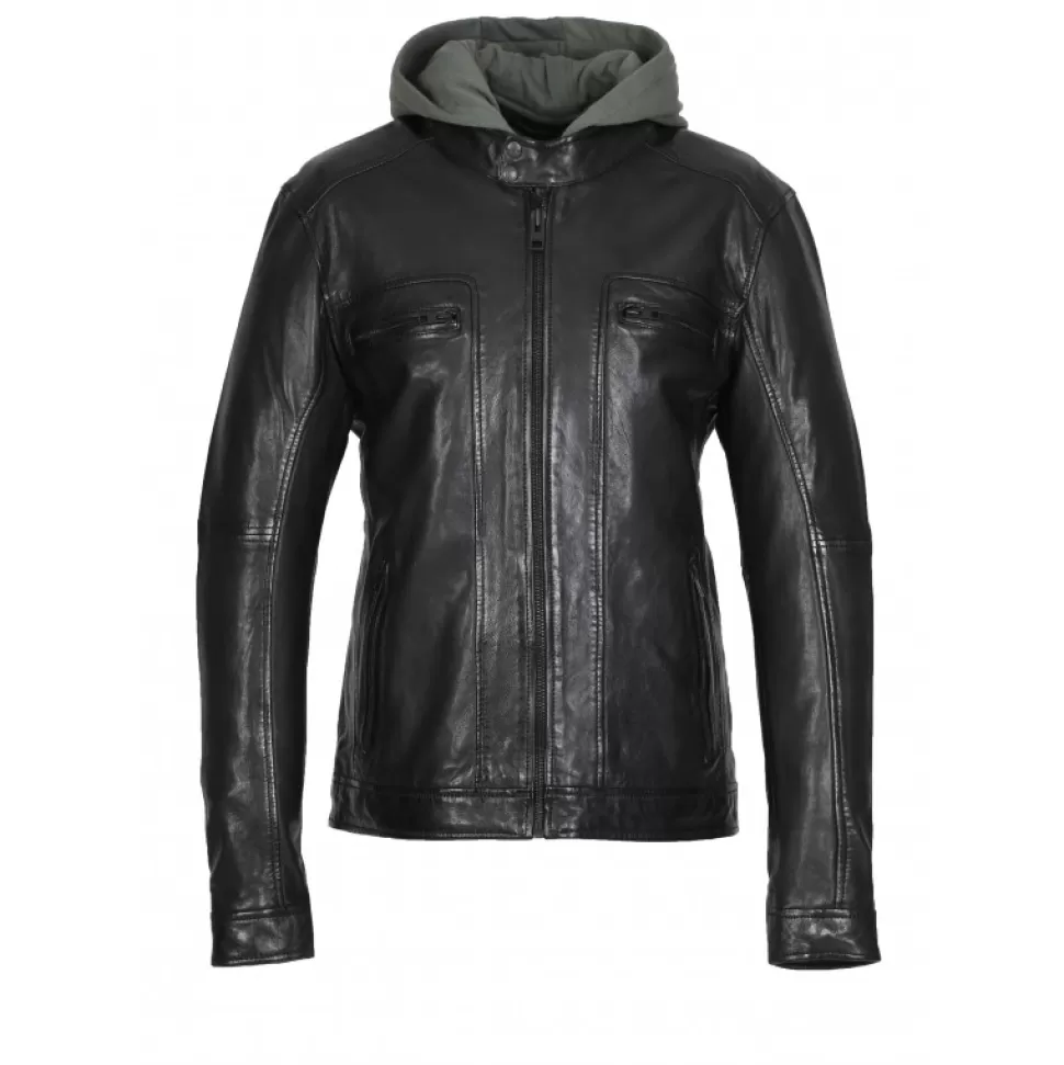 Men OAKWOOD Jackets*Kingsley Black - Genuine Leather Jacket With Washed Effects & Removable Hood