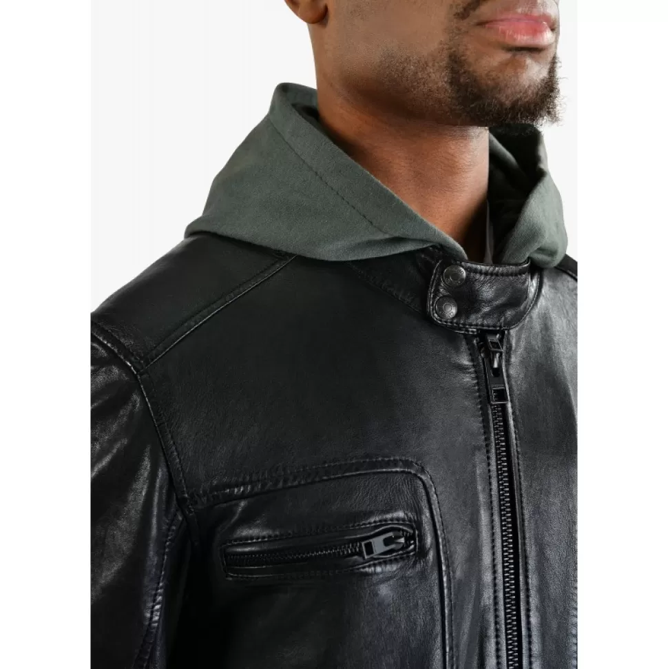 Men OAKWOOD Jackets*Kingsley Black - Genuine Leather Jacket With Washed Effects & Removable Hood