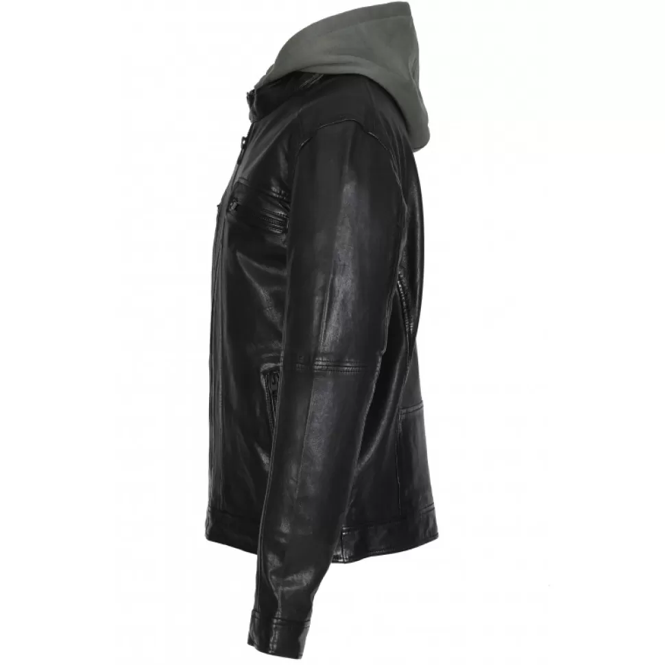 Men OAKWOOD Jackets*Kingsley Black - Genuine Leather Jacket With Washed Effects & Removable Hood