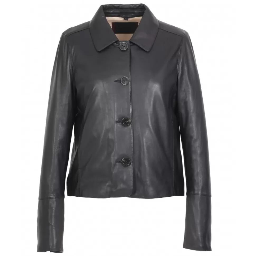 Women OAKWOOD Jackets*Leslie Black - Short Genuine Leather Jacket With Shirt Collar