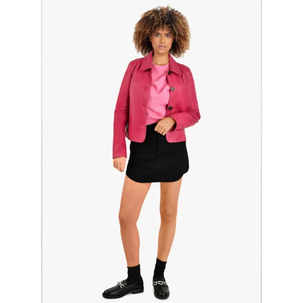 Women OAKWOOD Jackets*Leslie Fushia - Short Genuine Leather Jacket With Shirt Collar