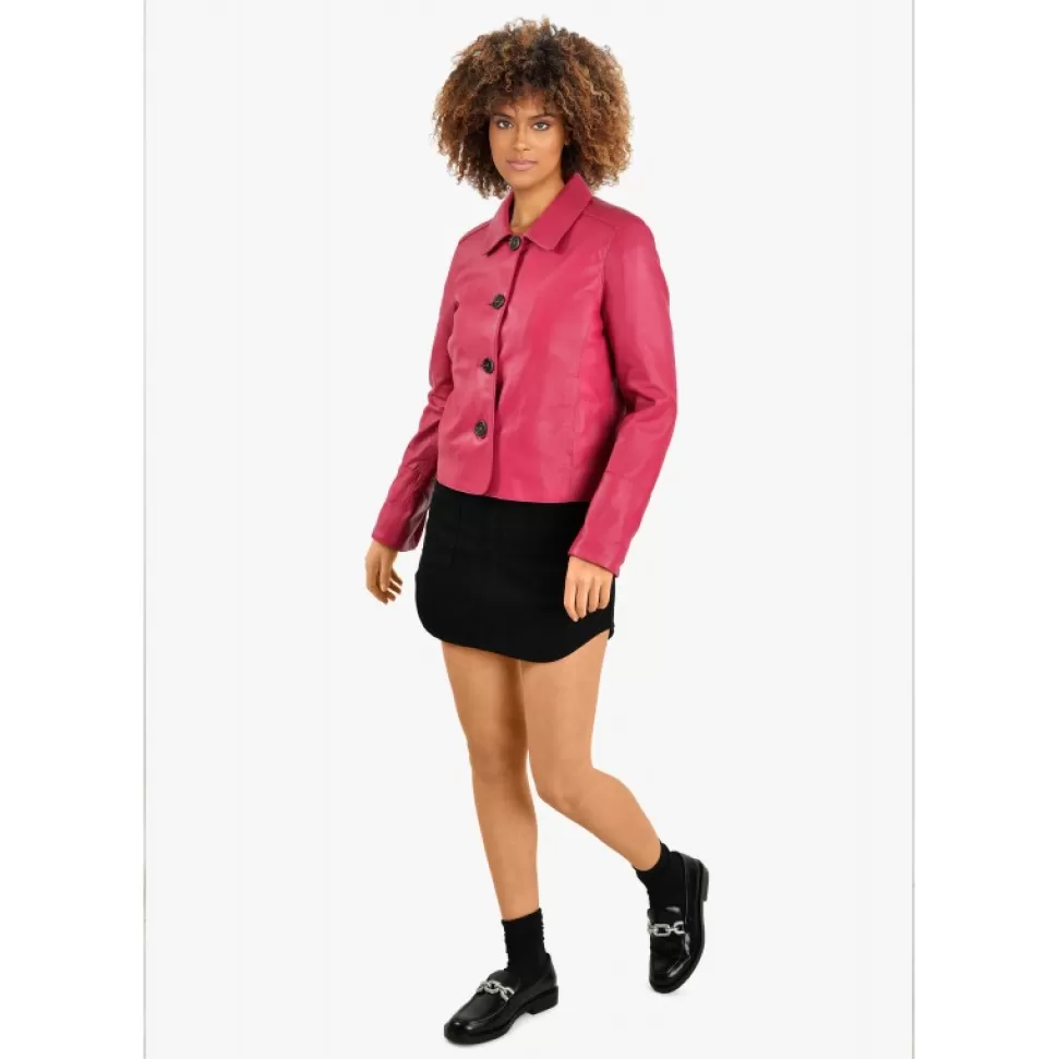 Women OAKWOOD Jackets*Leslie Fushia - Short Genuine Leather Jacket With Shirt Collar