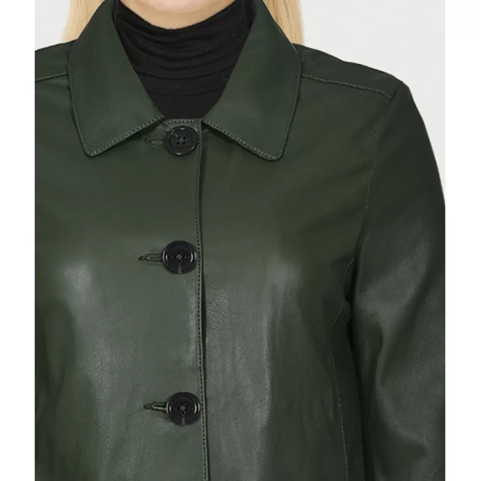 Women OAKWOOD Jackets*Leslie Kaki - Short Genuine Leather Jacket With Shirt Collar