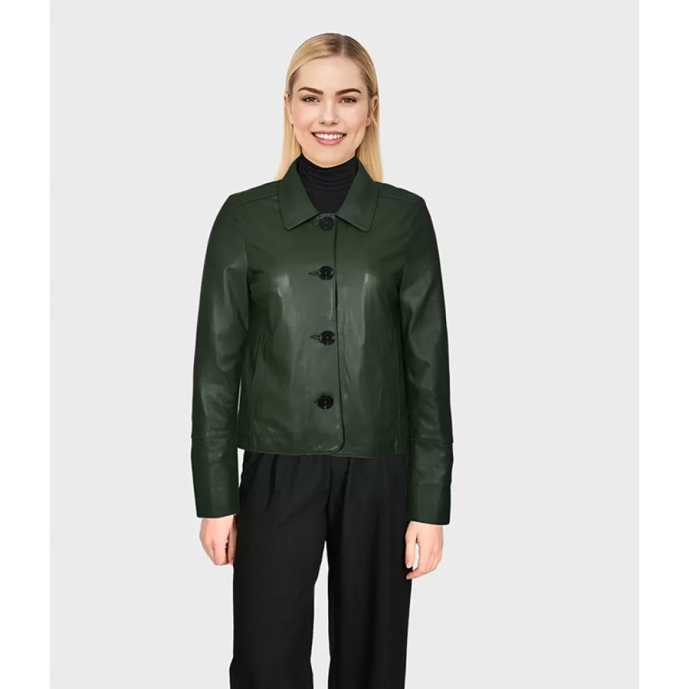 Women OAKWOOD Jackets*Leslie Kaki - Short Genuine Leather Jacket With Shirt Collar