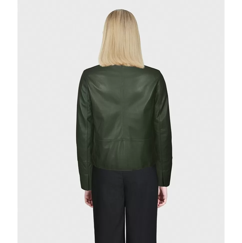 Women OAKWOOD Jackets*Leslie Kaki - Short Genuine Leather Jacket With Shirt Collar