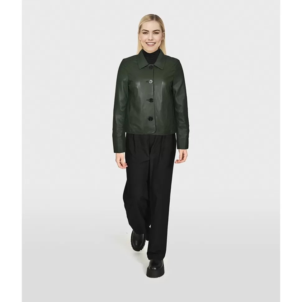 Women OAKWOOD Jackets*Leslie Kaki - Short Genuine Leather Jacket With Shirt Collar