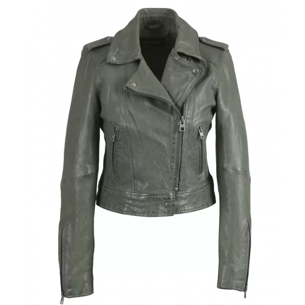 Women OAKWOOD Biker Jackets*Nikko Almond - Short Jacket In Genuine Washed Effet Leather