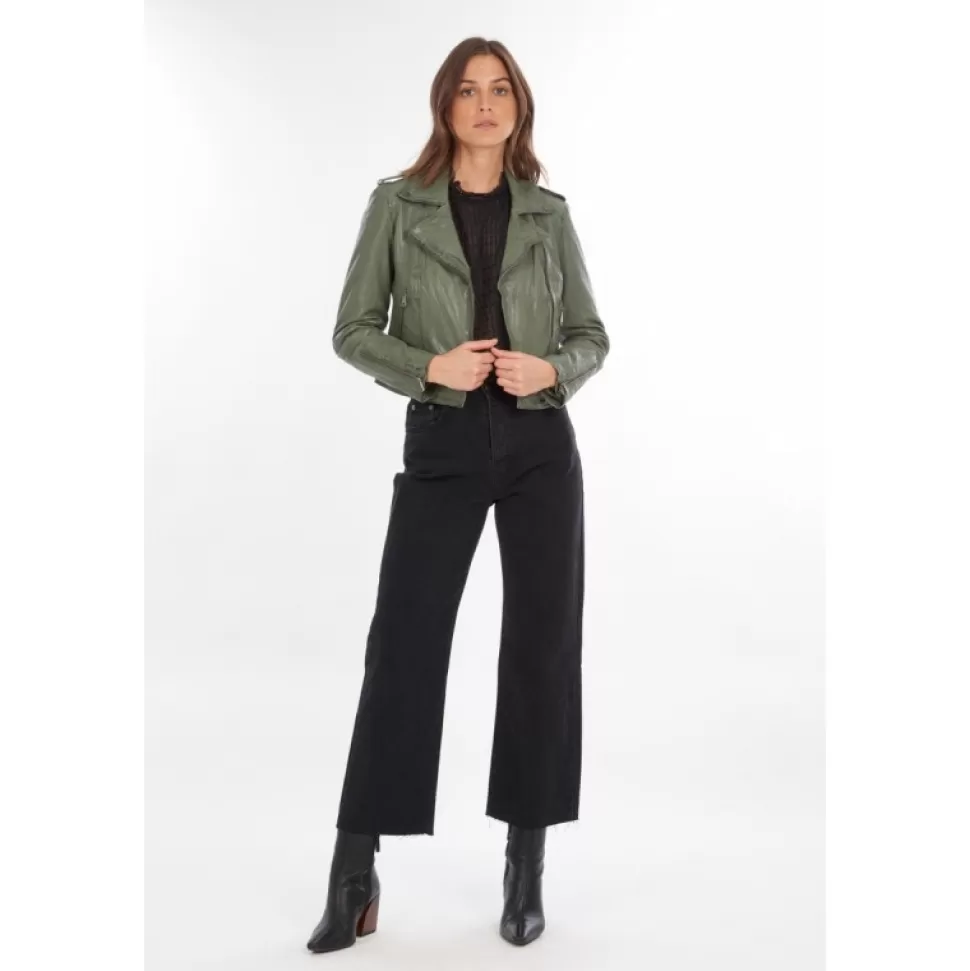 Women OAKWOOD Biker Jackets*Nikko Almond - Short Jacket In Genuine Washed Effet Leather