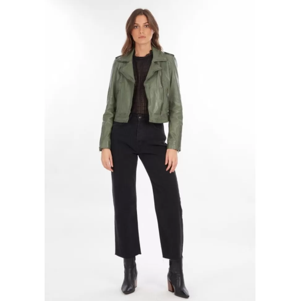 Women OAKWOOD Biker Jackets*Nikko Almond - Short Jacket In Genuine Washed Effet Leather