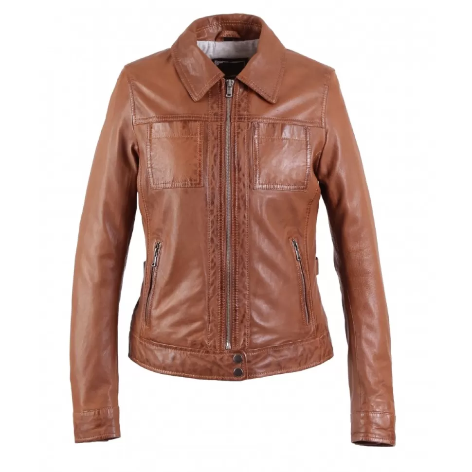 Women OAKWOOD Biker Jackets*Recital 6 Cognac - Shirt Collar Jacket In Genuine Washed Effect Leather