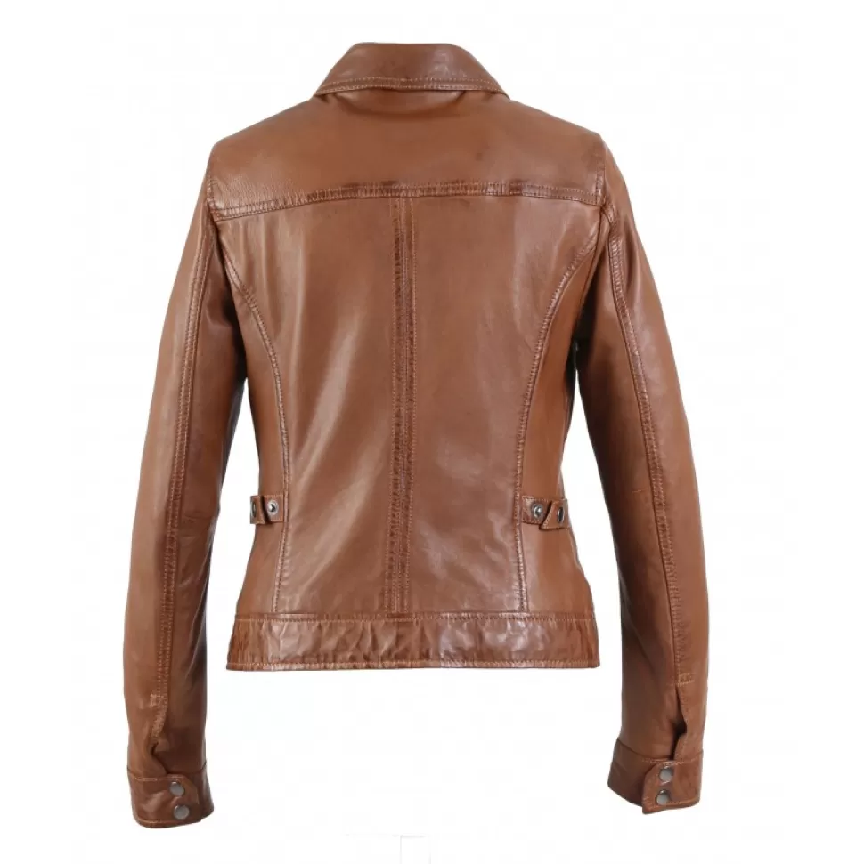 Women OAKWOOD Biker Jackets*Recital 6 Cognac - Shirt Collar Jacket In Genuine Washed Effect Leather