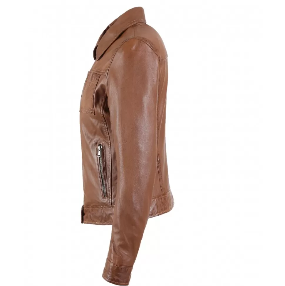 Women OAKWOOD Biker Jackets*Recital 6 Cognac - Shirt Collar Jacket In Genuine Washed Effect Leather