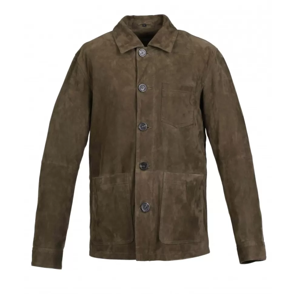 Men OAKWOOD Simple Jackets*Riccardo Dark Green - Genuine Goat Suede Leather Jacket With Shirt Collar