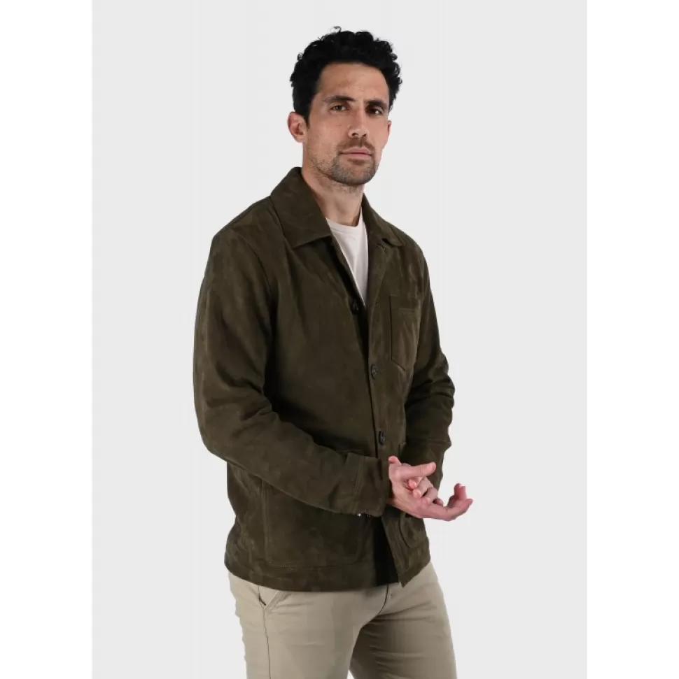 Men OAKWOOD Simple Jackets*Riccardo Dark Green - Genuine Goat Suede Leather Jacket With Shirt Collar