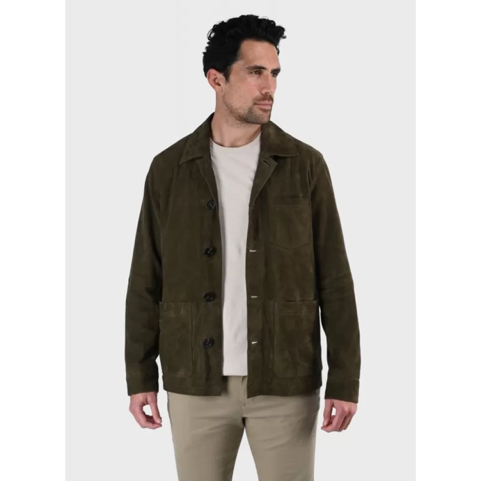 Men OAKWOOD Simple Jackets*Riccardo Dark Green - Genuine Goat Suede Leather Jacket With Shirt Collar