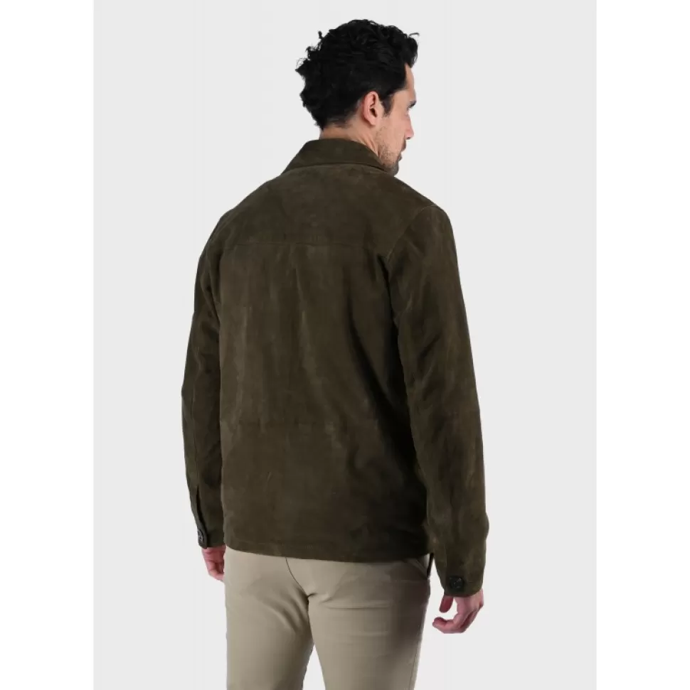 Men OAKWOOD Simple Jackets*Riccardo Dark Green - Genuine Goat Suede Leather Jacket With Shirt Collar