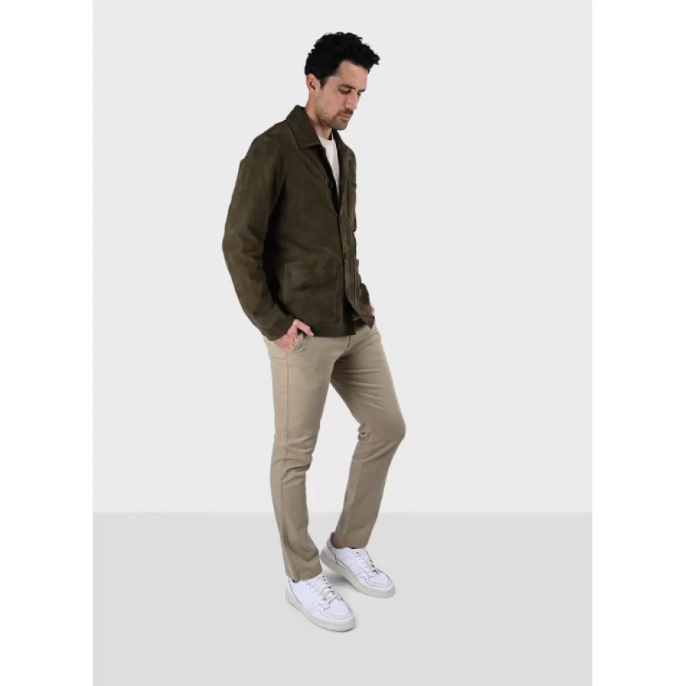 Men OAKWOOD Simple Jackets*Riccardo Dark Green - Genuine Goat Suede Leather Jacket With Shirt Collar