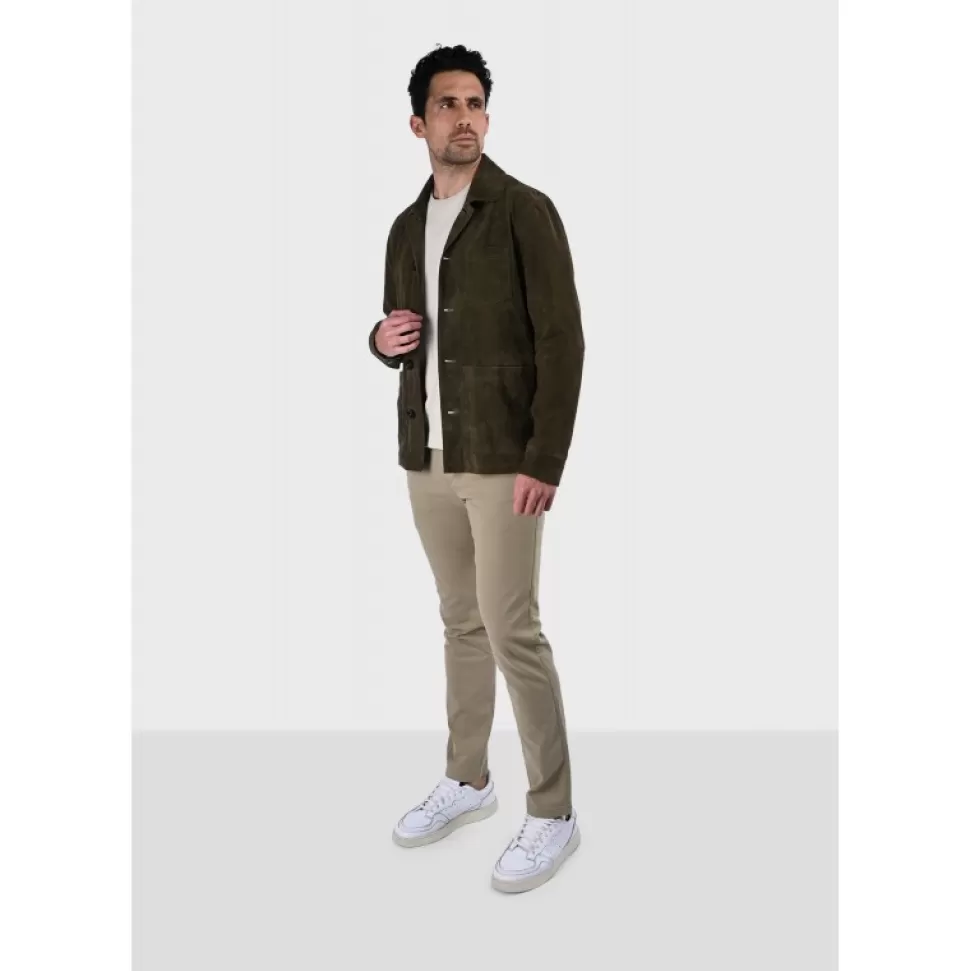 Men OAKWOOD Simple Jackets*Riccardo Dark Green - Genuine Goat Suede Leather Jacket With Shirt Collar