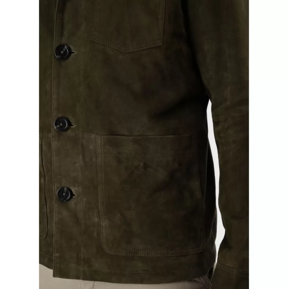 Men OAKWOOD Simple Jackets*Riccardo Dark Green - Genuine Goat Suede Leather Jacket With Shirt Collar