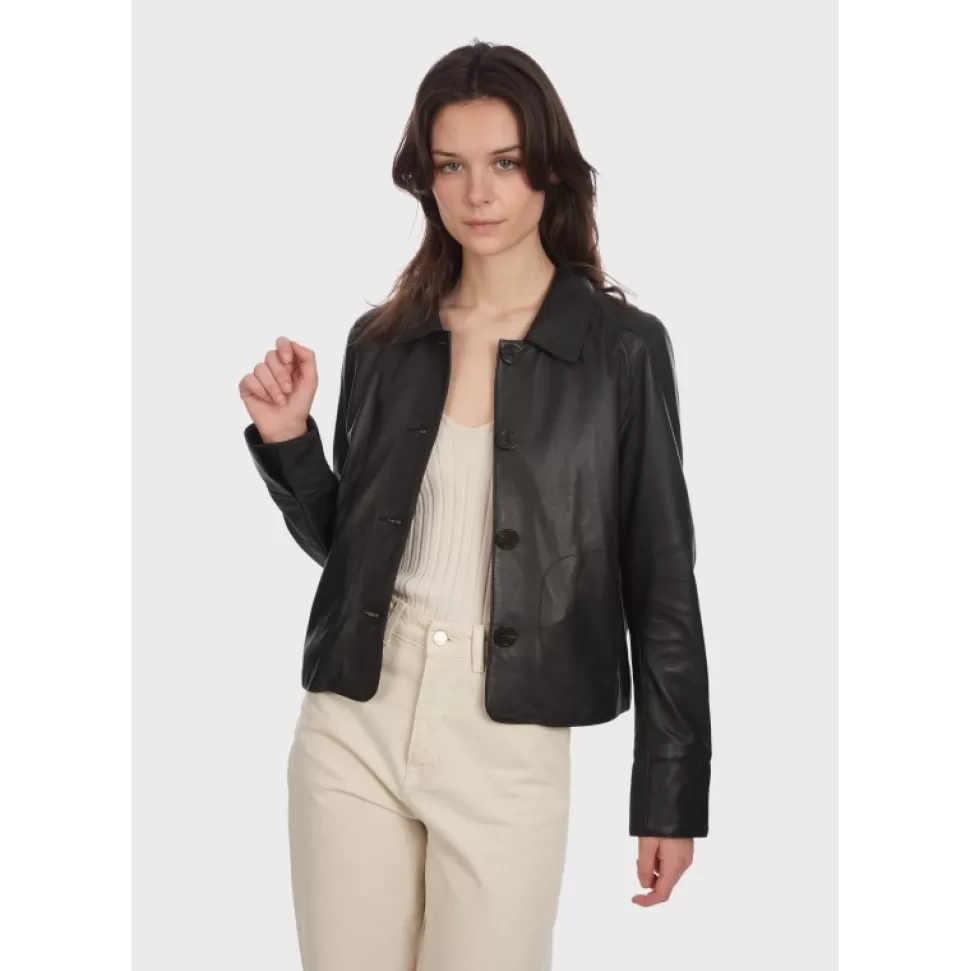 Women OAKWOOD Jackets*Rosalie Black - Short Genuine Leather Jacket With Shirt Collar
