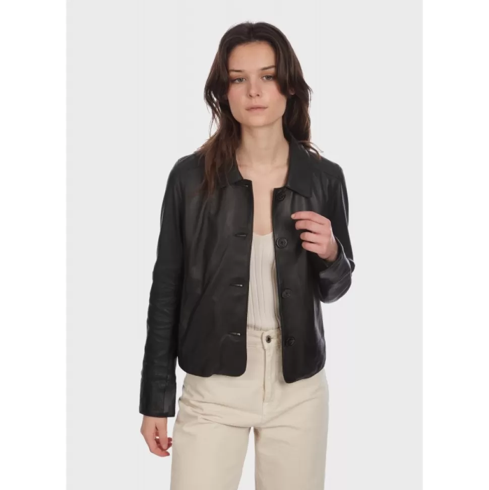 Women OAKWOOD Jackets*Rosalie Black - Short Genuine Leather Jacket With Shirt Collar