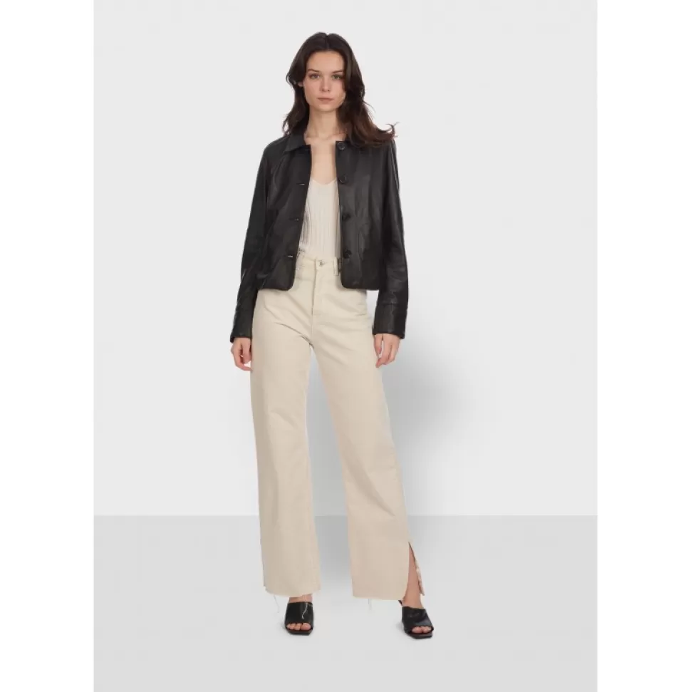 Women OAKWOOD Jackets*Rosalie Black - Short Genuine Leather Jacket With Shirt Collar