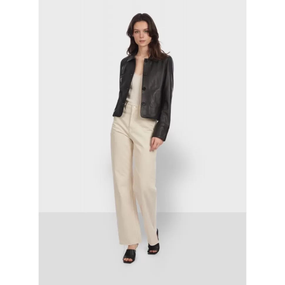 Women OAKWOOD Jackets*Rosalie Black - Short Genuine Leather Jacket With Shirt Collar