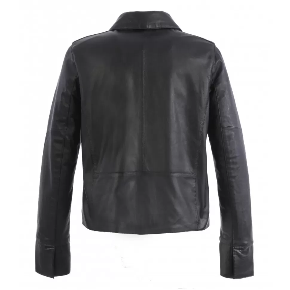 Women OAKWOOD Jackets*Rosalie Black - Short Genuine Leather Jacket With Shirt Collar