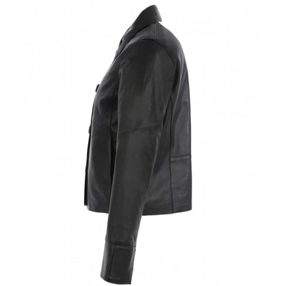 Women OAKWOOD Jackets*Rosalie Black - Short Genuine Leather Jacket With Shirt Collar