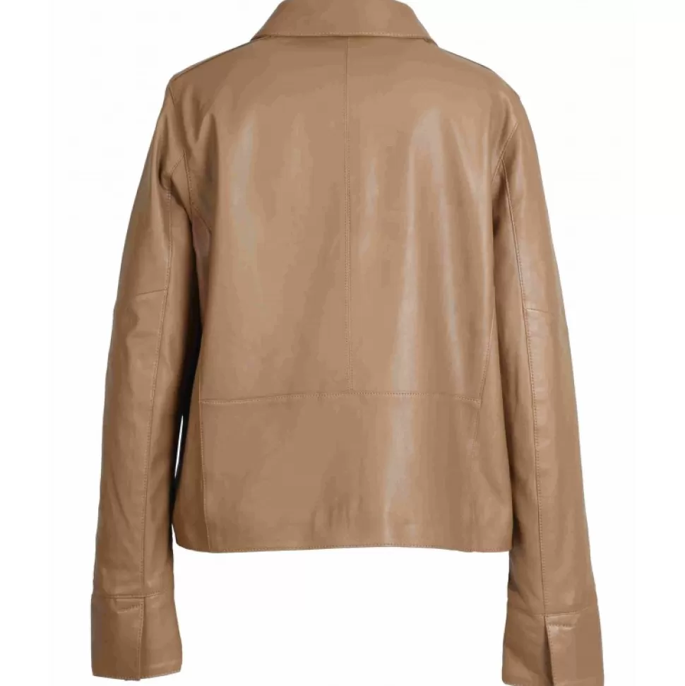 Women OAKWOOD Jackets*Rosalie Coffee- Short Genuine Leather Jacket With Shirt Collar