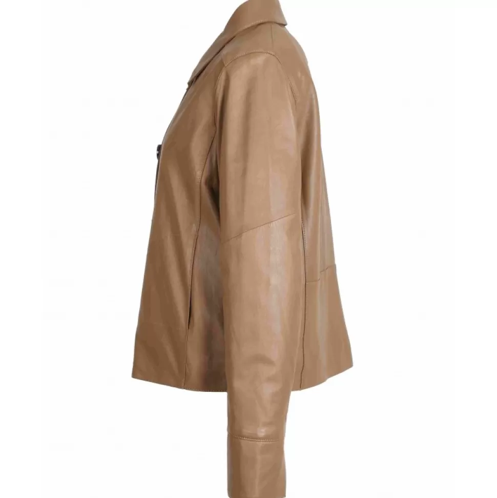 Women OAKWOOD Jackets*Rosalie Coffee- Short Genuine Leather Jacket With Shirt Collar