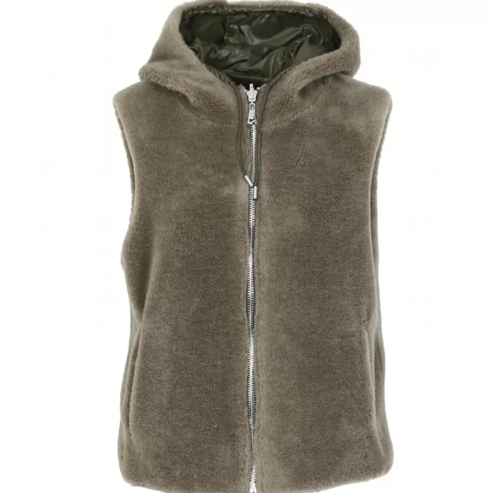Women OAKWOOD Vests*Smiley Pale Green - Reversible Fake Fur 100% Wool / Nylon Gilet