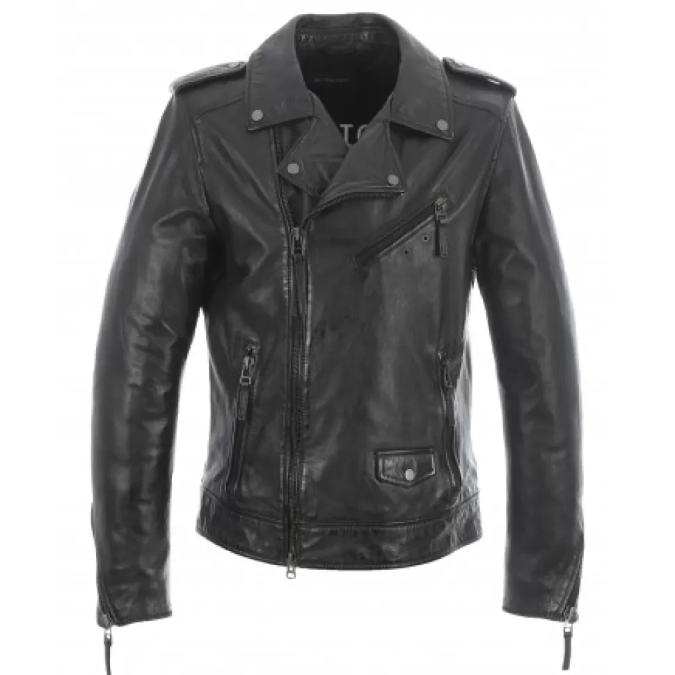 Men OAKWOOD Jackets*Soldier Black - Genuine Leather Biker Jacket With Asymmetrical Closure And Washed Effect