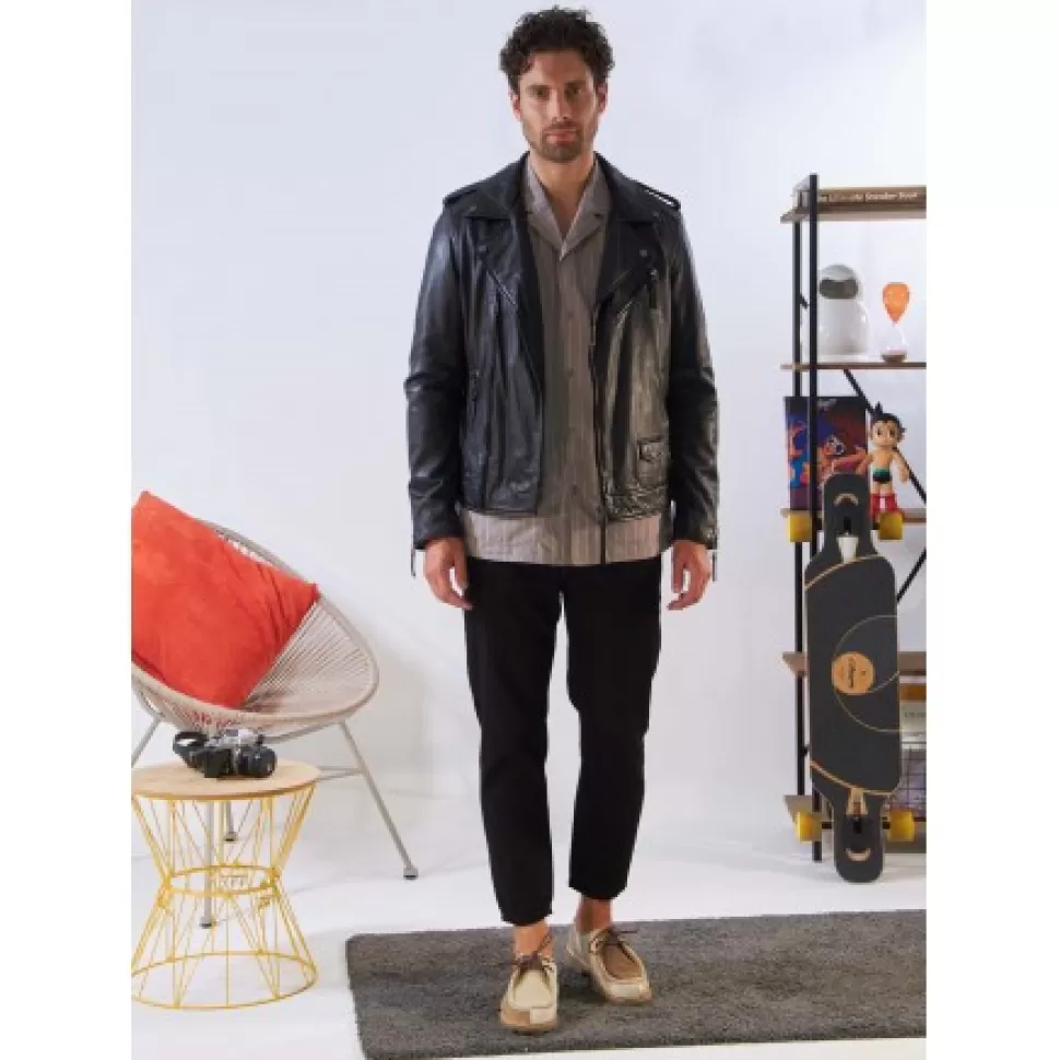 Men OAKWOOD Jackets*Soldier Black - Genuine Leather Biker Jacket With Asymmetrical Closure And Washed Effect