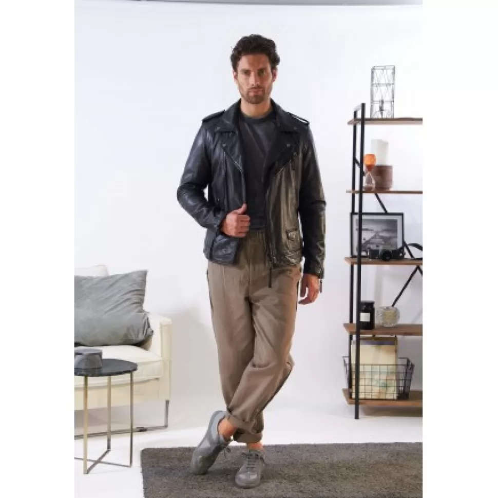 Men OAKWOOD Jackets*Soldier Black - Genuine Leather Biker Jacket With Asymmetrical Closure And Washed Effect