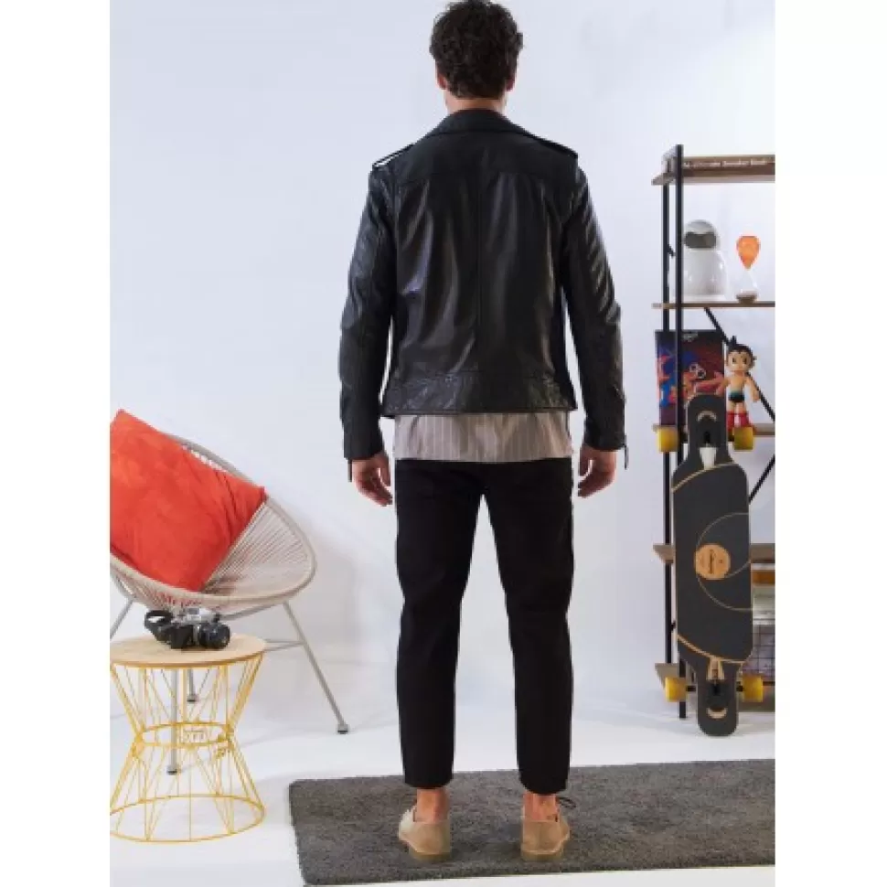 Men OAKWOOD Jackets*Soldier Black - Genuine Leather Biker Jacket With Asymmetrical Closure And Washed Effect